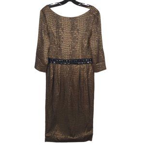 Alex Evenings Dress Size 12 Bronze Brown Croc Print Beaded Embellished Waist